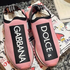 Dolce & Gabbana Pink Logo Slip-On Knit Sneakers with Black Accents